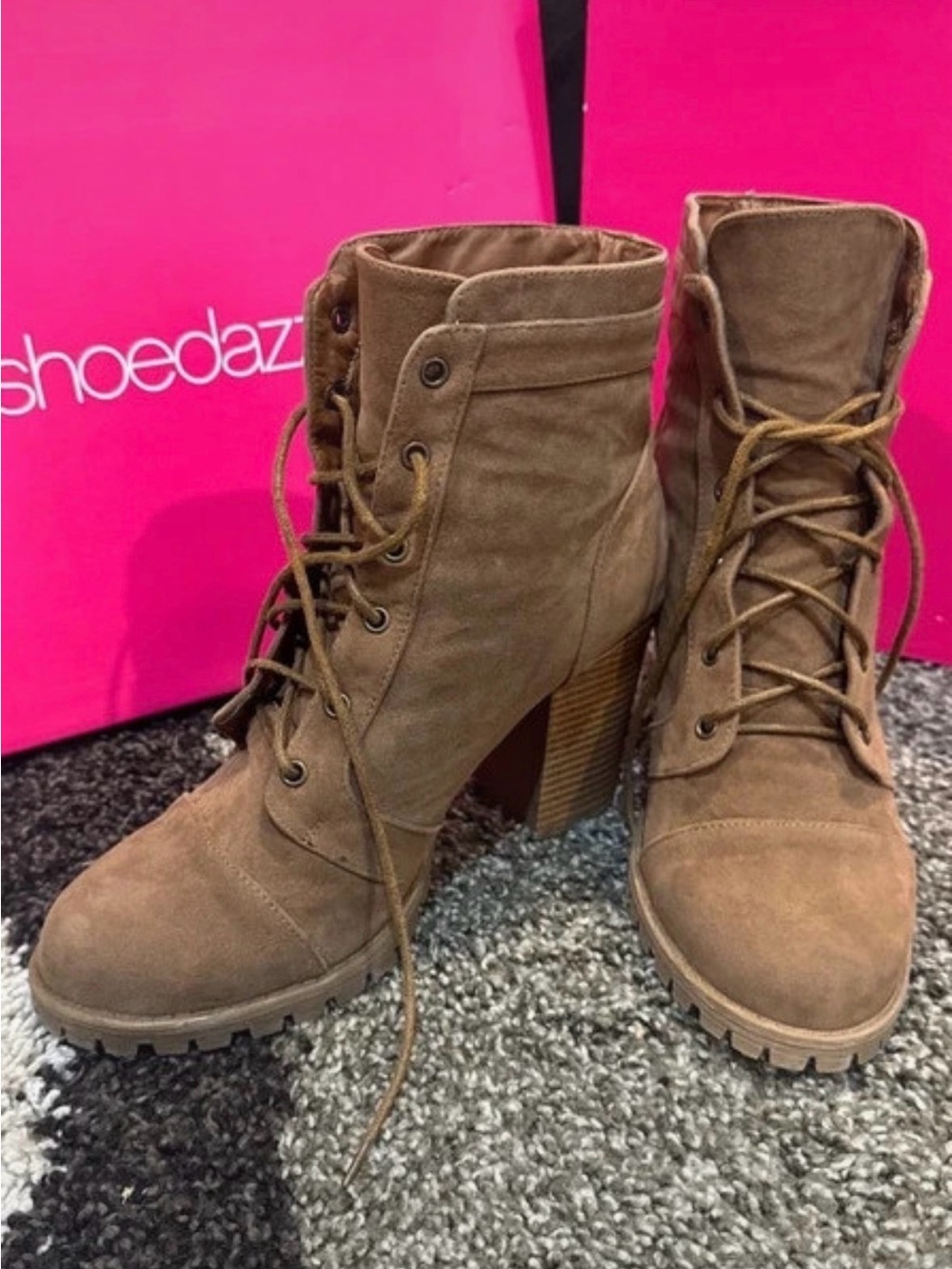 Shoe Dazzle Chestnut Lace-Up Block Heel Ankle Boots